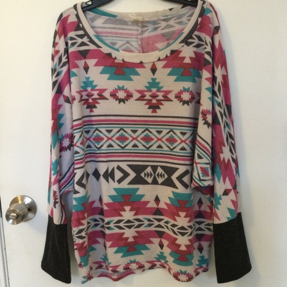 Pink Aztec Print Geometric Oversized Longsleeve Slouchy shirt Boho Pullover - Picture 1 of 7